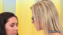 Kissable lesbian teens get covered with piss and squirt wet slits