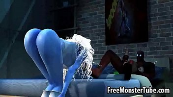 Blue skinned 3D babe gives Deadpool a blowjob