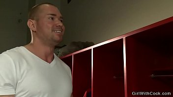 Football player fucks TS in locker room