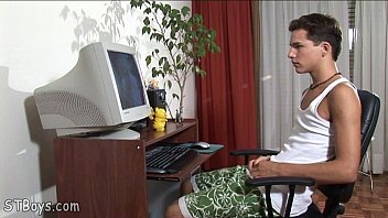 Straight boy watching gay video and stroking off