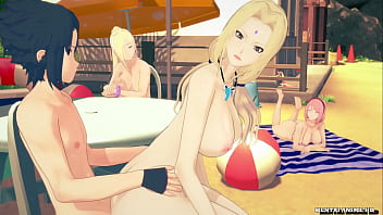 Sasuke Fucks Tsunada on the beach while the rest of the girls are sunbathing on the beach
